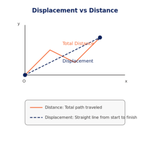 Displacement vs Distance IllustrationShows the key difference between total path traveled (distance) and straight-line displacement