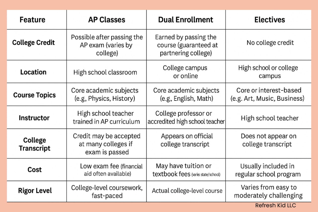 Summary table: AP Classes, Dual Enrollment, and Electives
